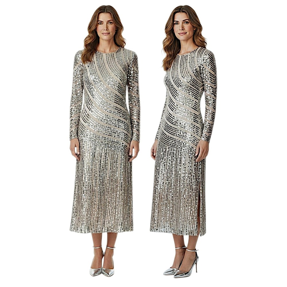 Judith Ann Creations Dress XS Women Silver Sequin Silk Long Sleeve Midi Vtg READ